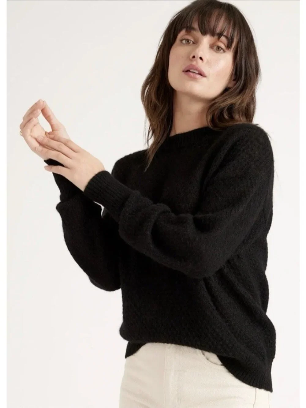 Quince Baby Alpaca Wool Diamond Stitch Crew Neck Sweater  Black Size S